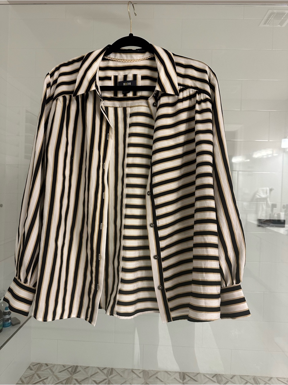 Anthropologie Men's Black, White & Tan Striped Button-Down Shirt